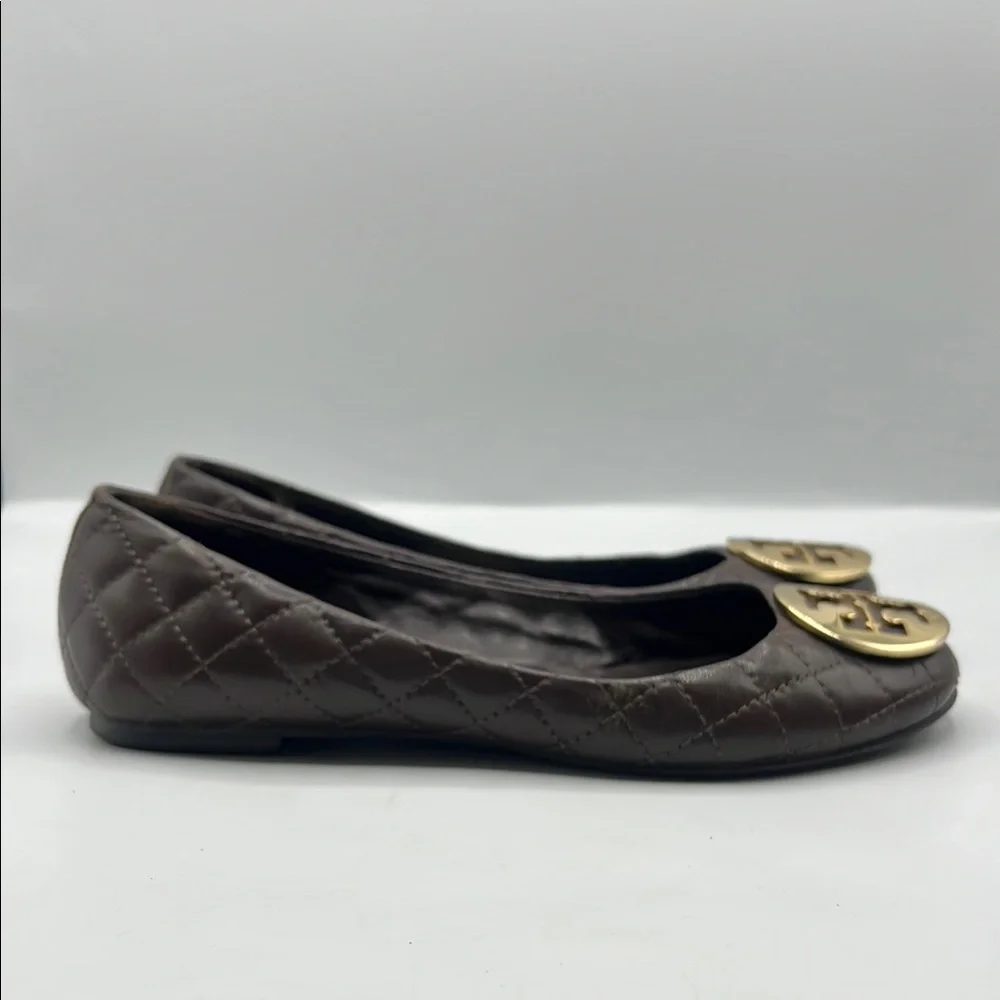 Tory Burch Sz 7 Benton Quilted Brown Gold Flats Minnie Ballerina Elegant Design